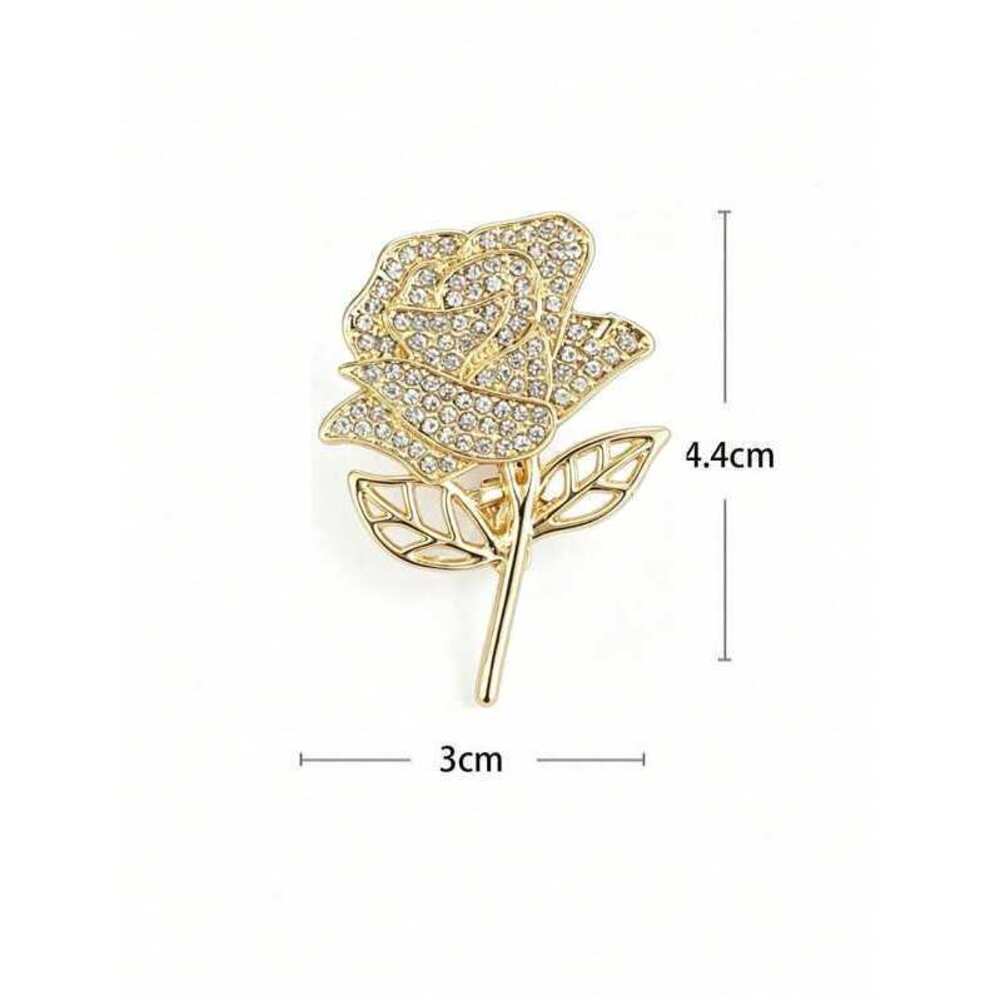 Gold Rose Flower Brooch With Shiny CZ Rhinestone, Metal Pin Broo - Picture 2 of 3